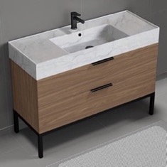 Modern Bathroom Vanity, Walnut, 48 inch, Marble Style Sink, Free Standing